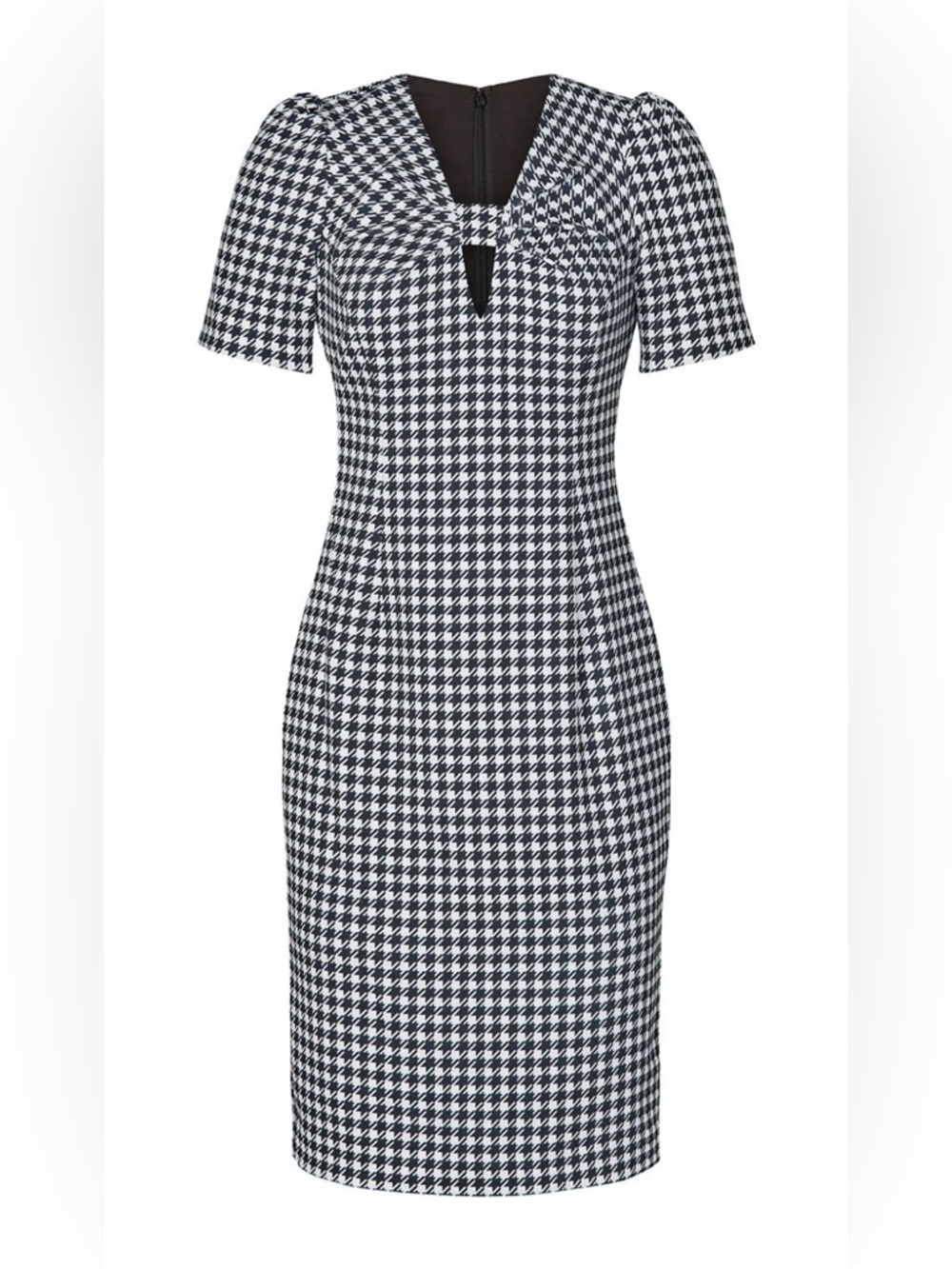 Badgley Mischka Houndstooth Sheath Dress With Keyhole Twist Neck Classic Lady